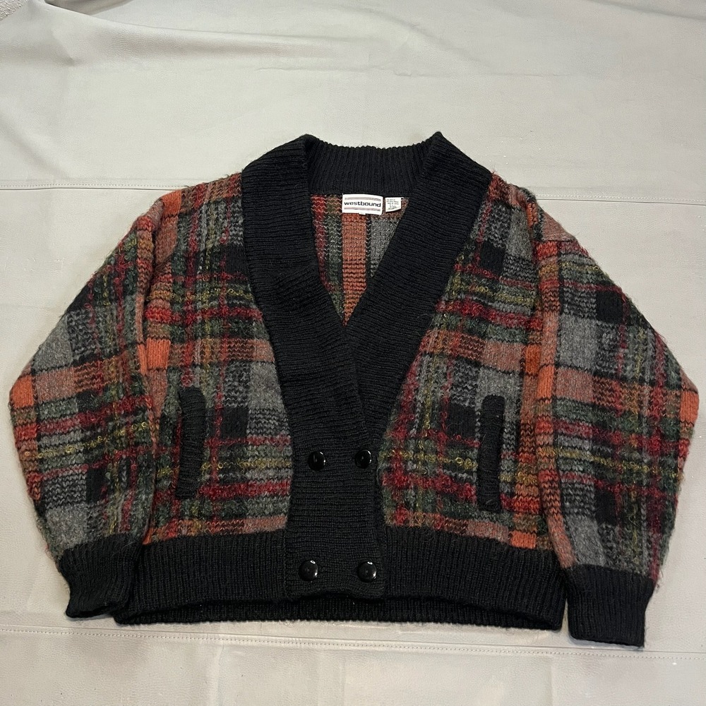 VTG Westbound Plaid Mohair Grandma Y2K Preppy Cardigan‎ Double Breast Sweater-L